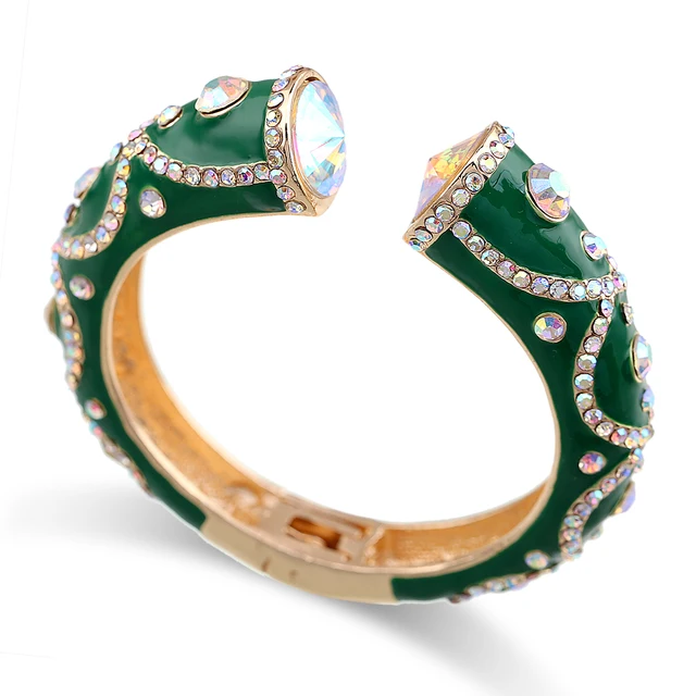 All Seasons Women's Enamel Color Statement Fashion Bangle Cuff Bracelet Gold Plated Inlaid AB Rhinestons Cuff Bangle Green