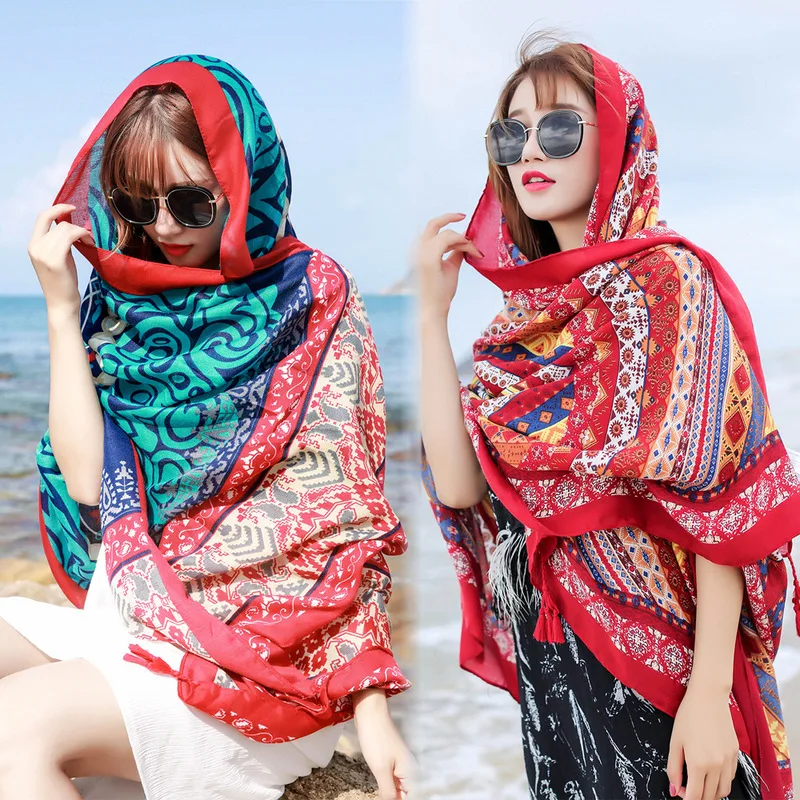 

Ethnic Style Scarves Women Print Sunscreen Cotton Linens Scarf Female Travel Long Scarf Dual-use Shawl Beach Towel Summer Shawl