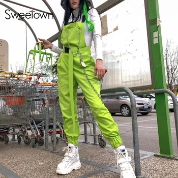 

New Sexy Fluorescent Green Streetwear Strap Jumpsuit Women Black Metal Chain Patchwork Backless Cotton Rompers Womens Jumpsuit