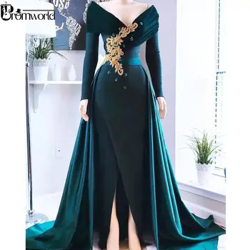 

Elegant Hunter Green Muslim Evening Dress 2019 Dubai Islamic Arabic Satin V-Neck Long Sleeve Women Formal Dress robe de soiree