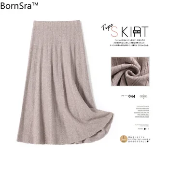 

BornSra 2020 New Pleated Autumn Winter Thick Knitted Soft Warm Skirts Knitted Midi Length Elastic High Waist Solid Skirt
