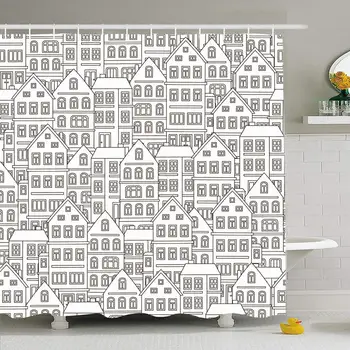 

Shower Curtain Set with Hooks 72x72 Graphic Doodle House Pattern Home Homes Hand Texture Window Landmarks Europe Line Facade