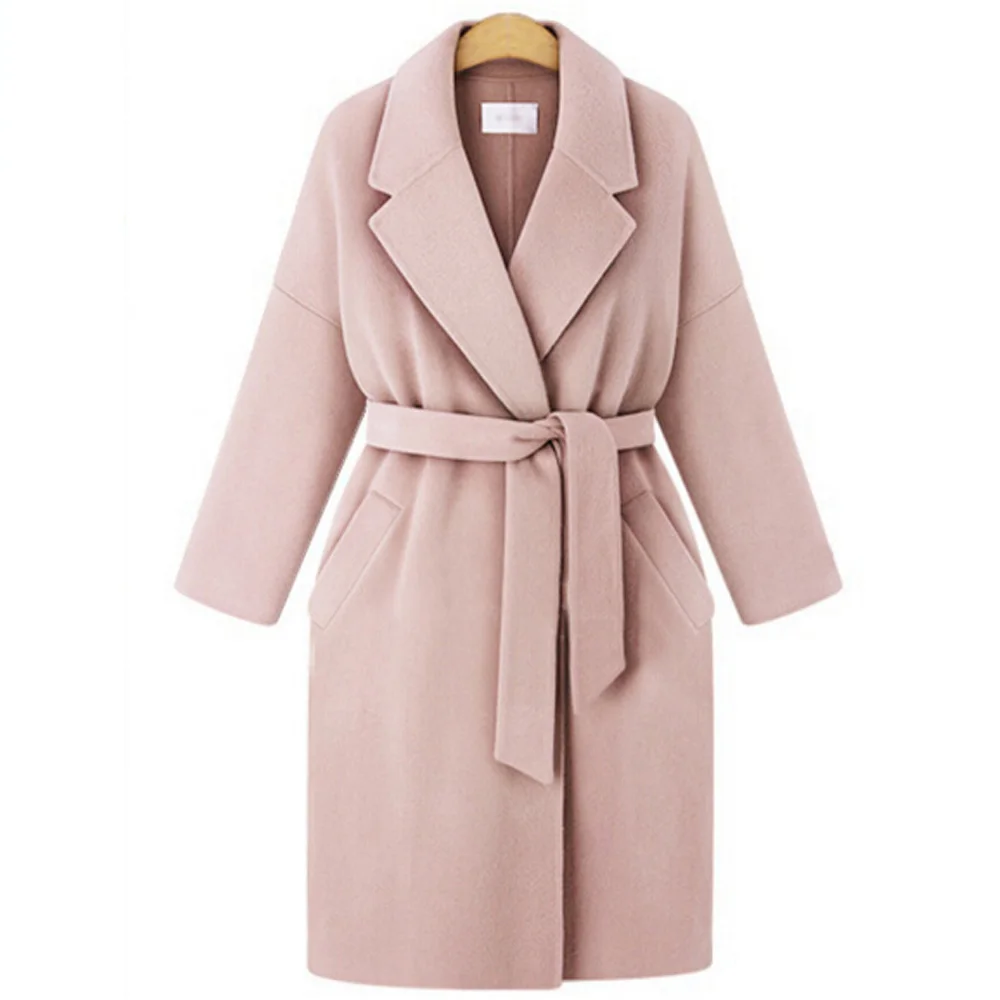 

Plus Size Long Woolen Coat Women Vintage Elegant Clothes Autumn Winter Loose Kimono Cardigan Wool Coats Belted Jacket Outwear