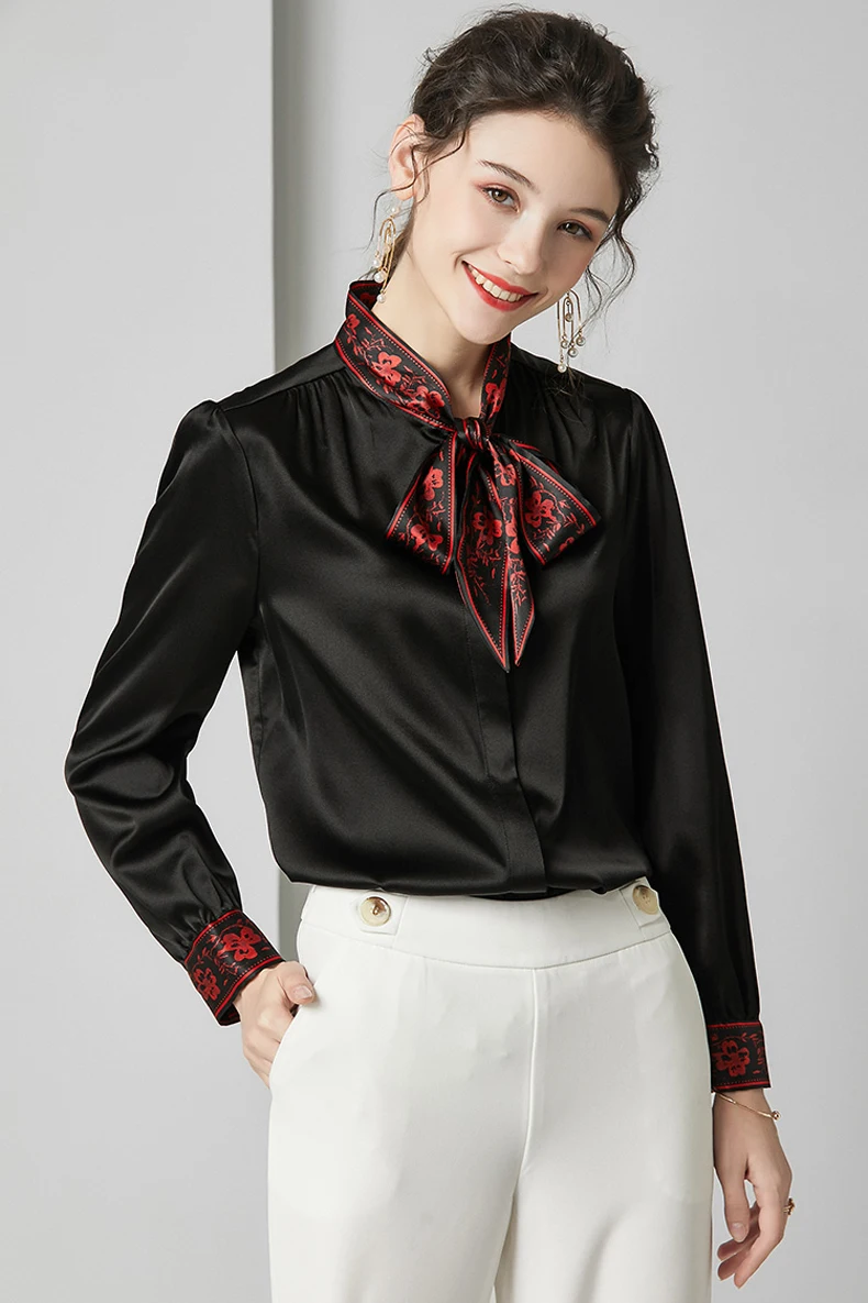  100% Pure Silk Women's Shirts Printed Bow Collar Long Sleeves Elegant Fashion Blouse Top Outerwear