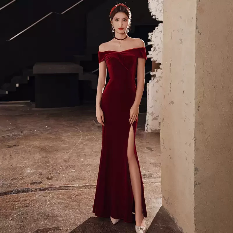 

Evening Dress Simple Floor-length Fashion Pleat Mermaid Boat Neck Short Sleeves Velour Plus size Women Formal Party Gown C809