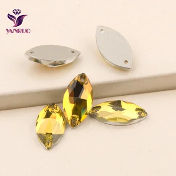 

YANRUO 3223 Navette Topaz Gold Sewn on Glass Rhinestones Strass Stones Latin Swimwear Dress Embellishment