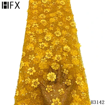 

HFX Luxury Nigerian Lace High Quality 3D Flower Tulle Sequin Beaded French Lace Fabric African Embroidered Mesh Fabric F3142