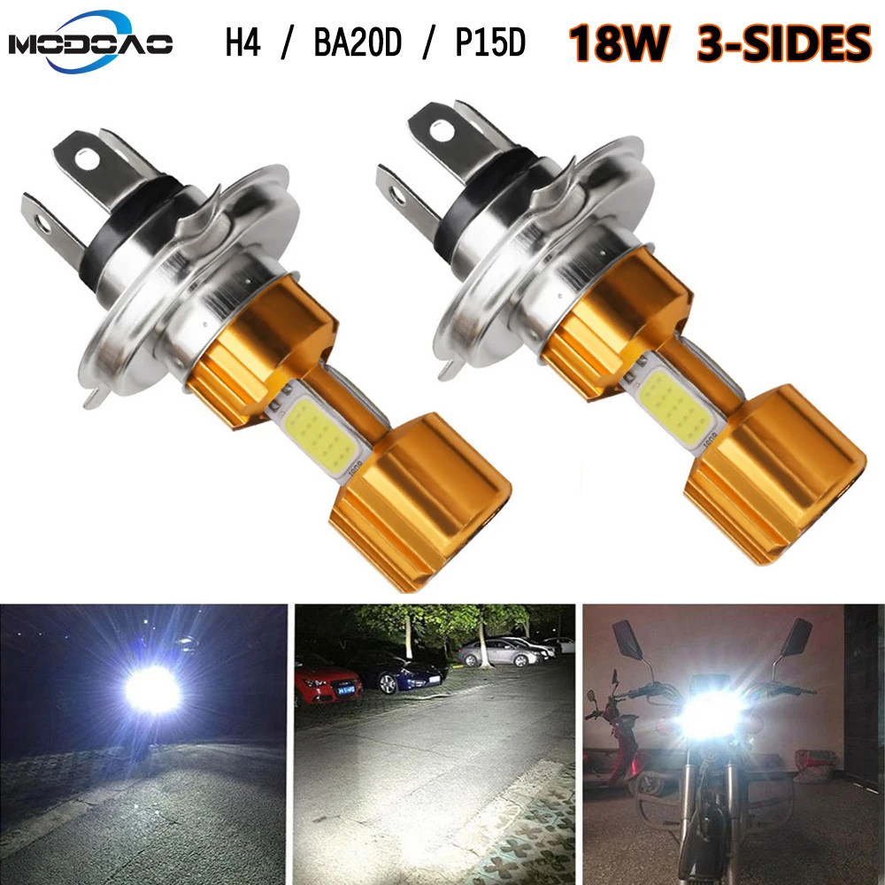 2 шт. H4 светодиодный автомобильный фонарь для мотоцикла H4 Hi-Lo BA20D P15D 6500K 12V мотоцикл противотуманная фара COB мопед скутер наружное освещение