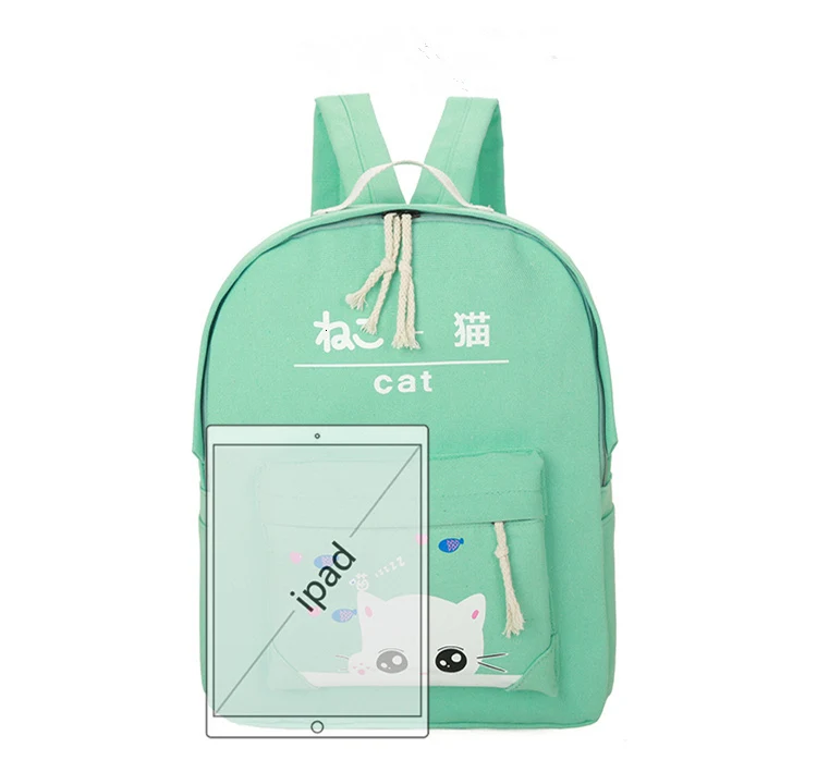 Fashion Cartoon Kitten backpack for ladies High quality canvas school bag for teen girls College 4pcs/set school backpacks