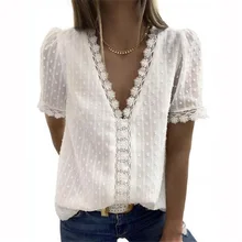 Fashion V Neck Short Sleeve White Lace Women Tops And Blouses 2021 Summer Casual Office Woman Shirt Top Femme Plus Size 3xl