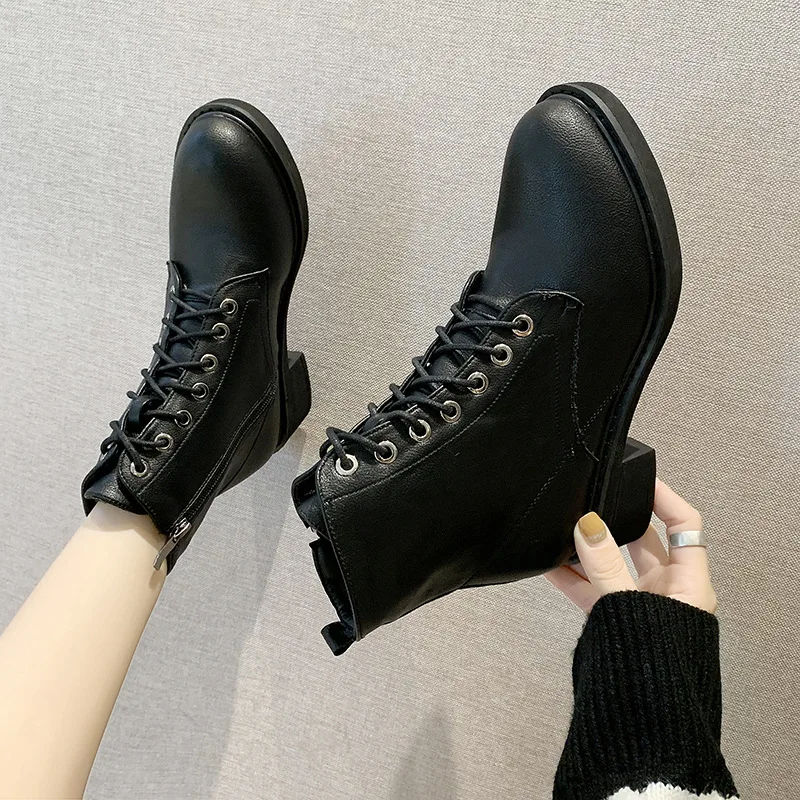 

2019 Autumn And Winter New Style Women's Boots British Style Retro Lace-up Chunky-Heel Short Boots INS Handsome Motorcycle Boots