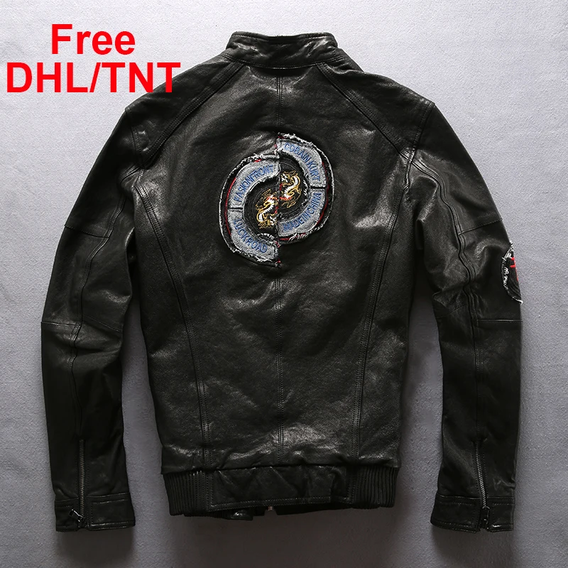 

2020 Spring Autumn Mens Genuine Leather Jacket Vintage Classic Sheepskin Motorcycle Biker Jacket for Male Red Black Free DHL/TNT