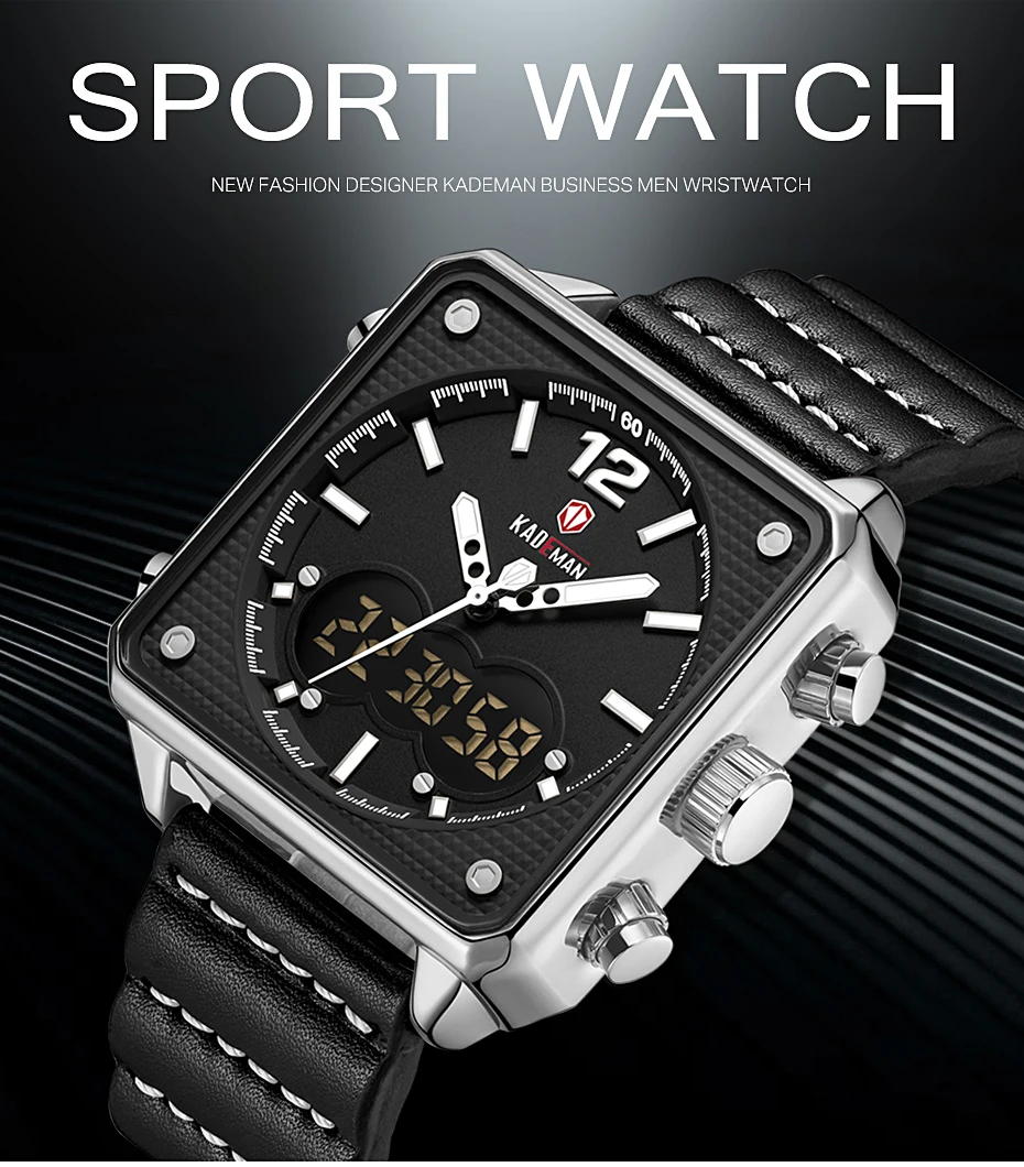 Топ люксовый бренд KADEMAN Мужские Аналоговые Цифровые спортивные часы из натуральной кожи квадратной формы кварцевые часы Relogio Masculino K9038