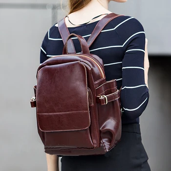 

Women backpack leather female travel bag brown practical female bag large capacity notebook schoo backpack for women