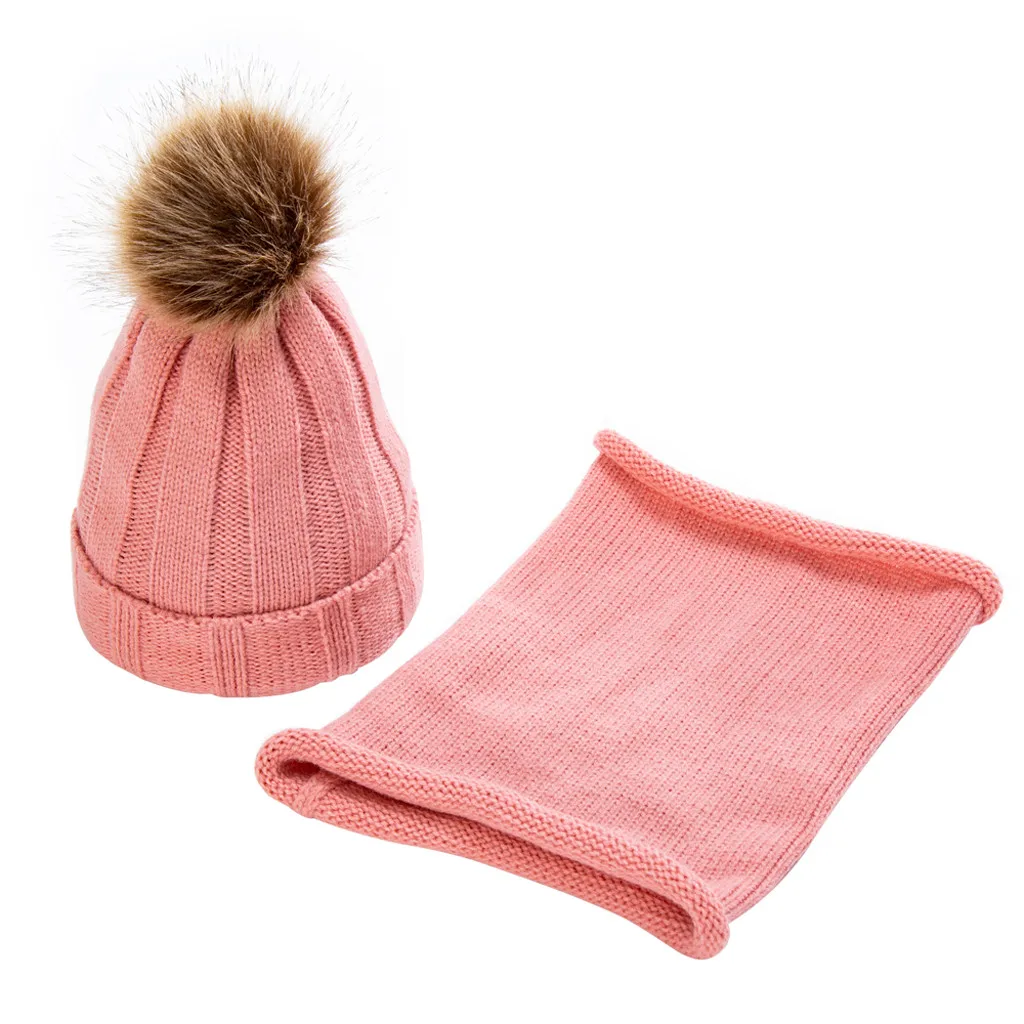 Комплект из 2 предметов, Детская кепка, шарф, зимняя однотонная перекрестная вязка, шапка с помпоном, милый теплый шарф и шапка, czapka i komin tricotin сnуд девочка# H - Цвет: Pink