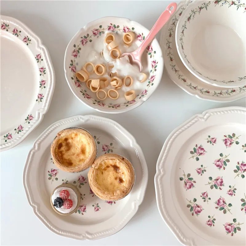 Plato de cerámica estilo francés Retro Floral, plato de comida, plato de yogur, ensalada, Bol para postre, plato de cena, conjunto de boda|Fuentes y platos| - AliExpress - Platos increíbles para tu mesa