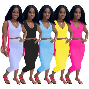 

RAISEVERN 2019 New Women Midi Skirts Suit Summer Solid Tank Top Bodycon Two Piece Set Club Party Women's Tracksuit Outfit Dress