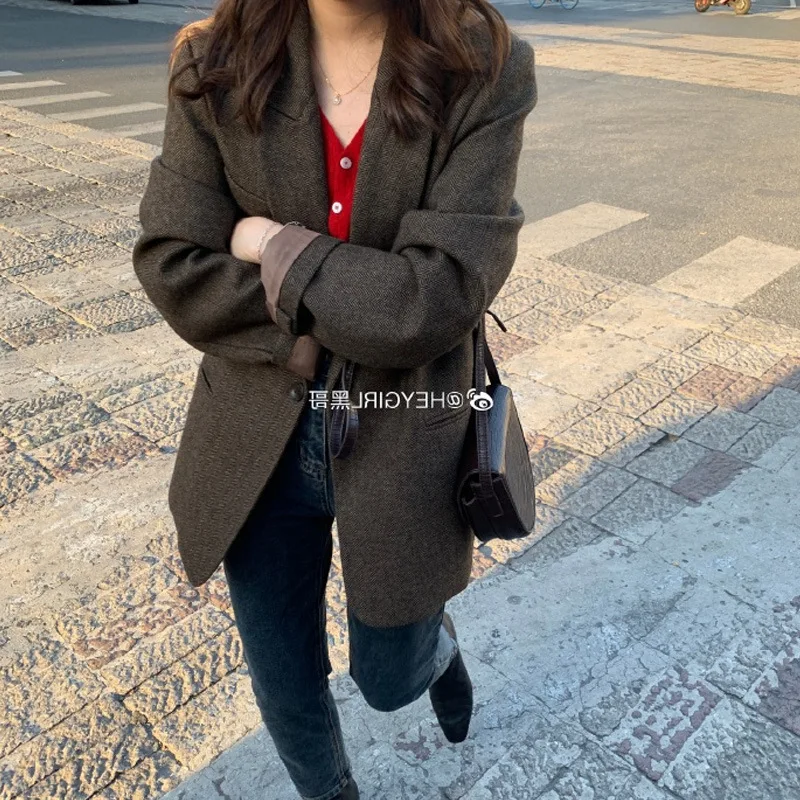 

2019 Autumn And Winter New Style Hong Kong Style Retro Herringbone Brown Green of One-Button qiang bo Fold-down Collar Suit Wool