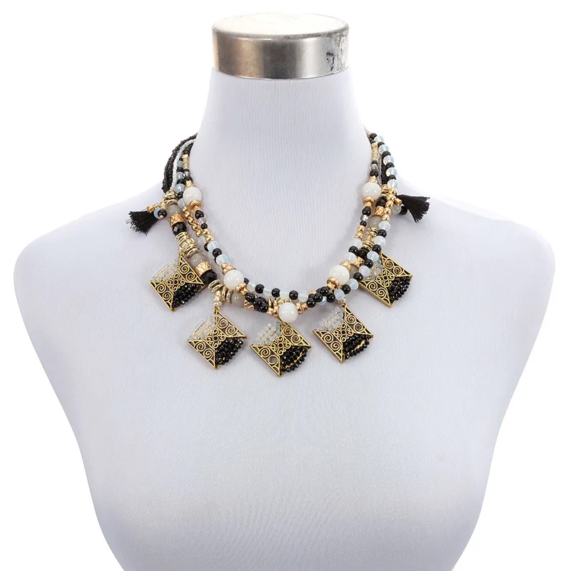 Statement Women Bohemin Trendy Ethnic Crystal Tassel Pendant Layered Collar Choker Necklace Fashion Jewelry