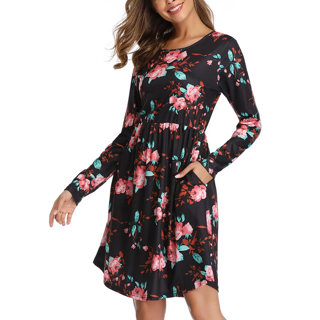 

2019 long sleeve woman dress flower print vintage dresses women casual O-Neck A-Line draped bodycon dress with pockets autumn