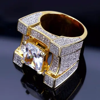 

Aaa Cubic Zirconia Ice Out Bling Golden Big Wide Hip Hop Rings Gold Color Geometric Men Hiphop Rapper Cz Ring Jewelry Size 7/8/9