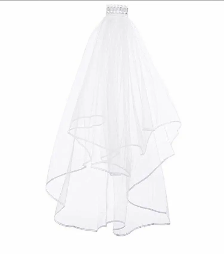 White 2 Tier Wedding Veil Bride To Be Hen Party With Comb Ribbon Edge 2023