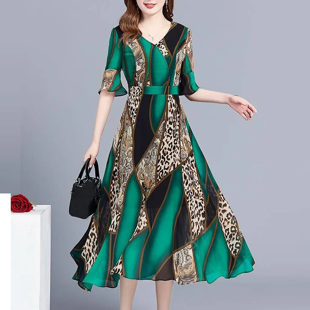 Винтажный Леопардовый принт пэтчворк бохо платье размера плюс летнее повседневное свободное пляжное платье Модис v-образный вырез формальное платье женское элегантное# B