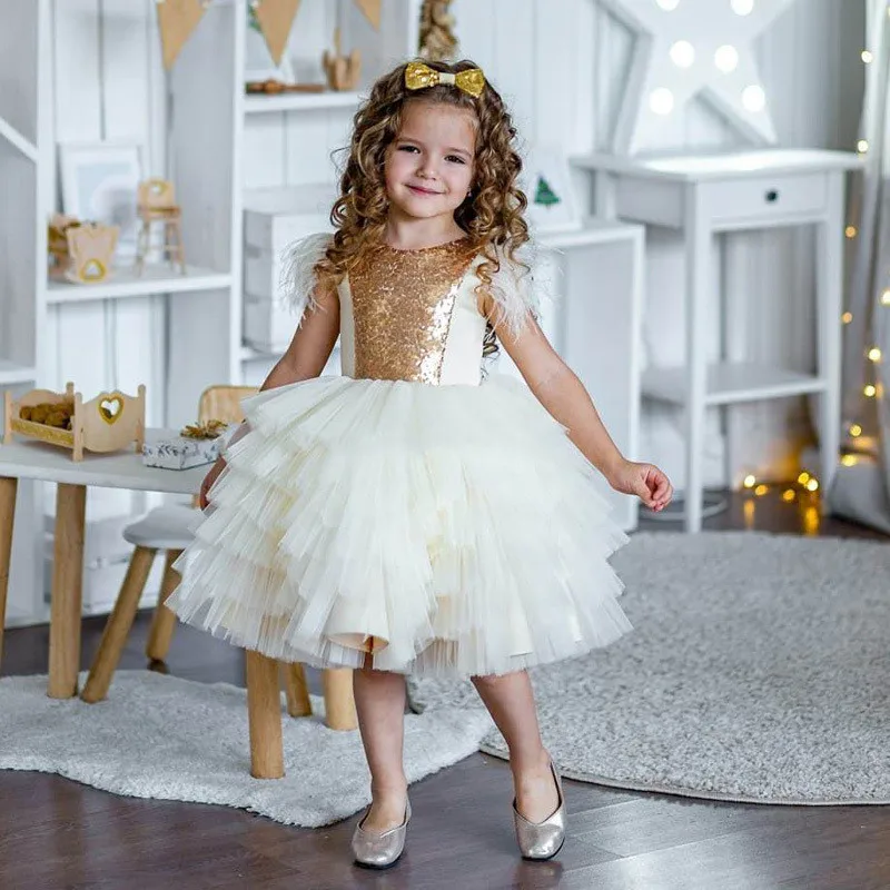 

Toddler Infant Girl Birthday Dress Ivory Puffy Tulle Gold Sequined O Neck Princess Party Gown Flower Girl Dress 1-14Y Props