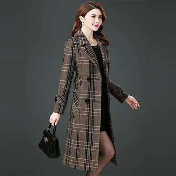 

Plaid Wool Blend Coat Women Double-Breasted Outwear Long Jacket Korean Autumn Winter Elegant Overcoat Woolen Coats