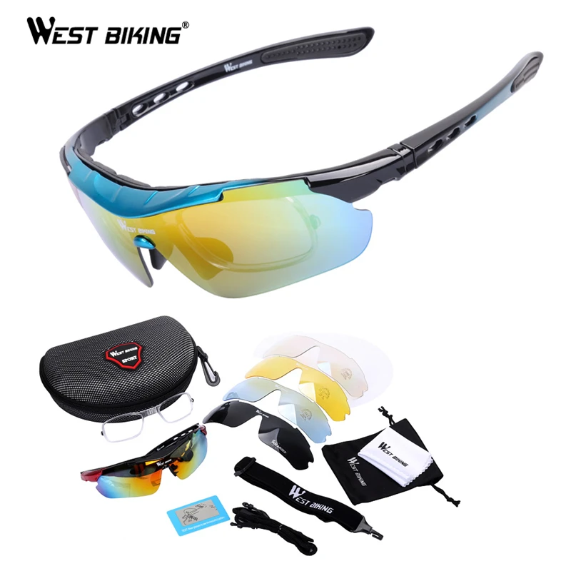 WEST BIKING Cycling Glasses Polarized Bike Bicycle Sunglasses 5 Lens Windproof Anti-fog With Mypia Frame Sport MTB Bike Glasses