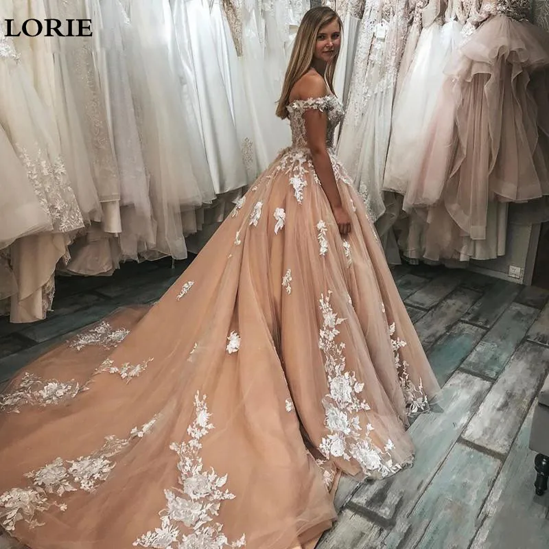 

LORIE Princess Wedding Dresses Champagne A Line Appliqued Lace Bride Dresses Off The Shoulder Boho Wedding Gown