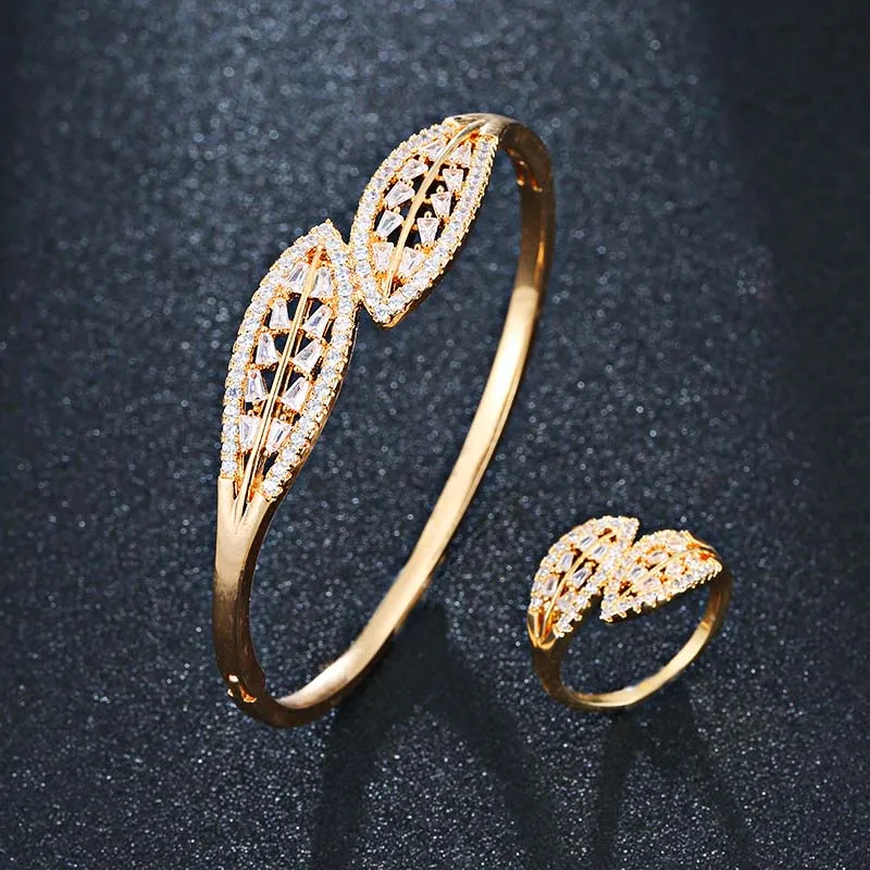 

MECHOSEN Luxury Fashion Leaf Bangle Ring Sets Hollow Out Gold Jewelry Set Women Party Bridal Wedding Engagement Accessories 2019