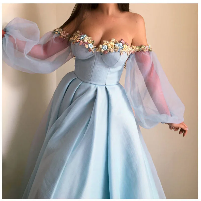 Вечернее платье с пышными рукавами; вечерние платья; Robe De Soiree; вечернее платье для выпускного вечера с объемным цветком; вечерние платья с открытыми плечами