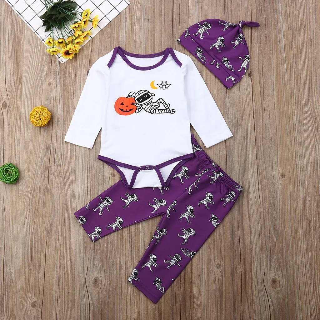 Festival-wear Clothes Newborn Infant Clothing set Baby Boy Girl Costume Halloween Print Romper Ghost Pumkin Mummy Pants Hat Set