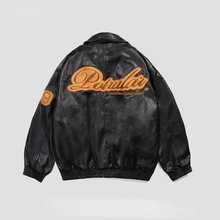  American Y2K vintage streetwear letter embroidery lapel PU leather jacket women street pilot loose jackets for women winter 2021 