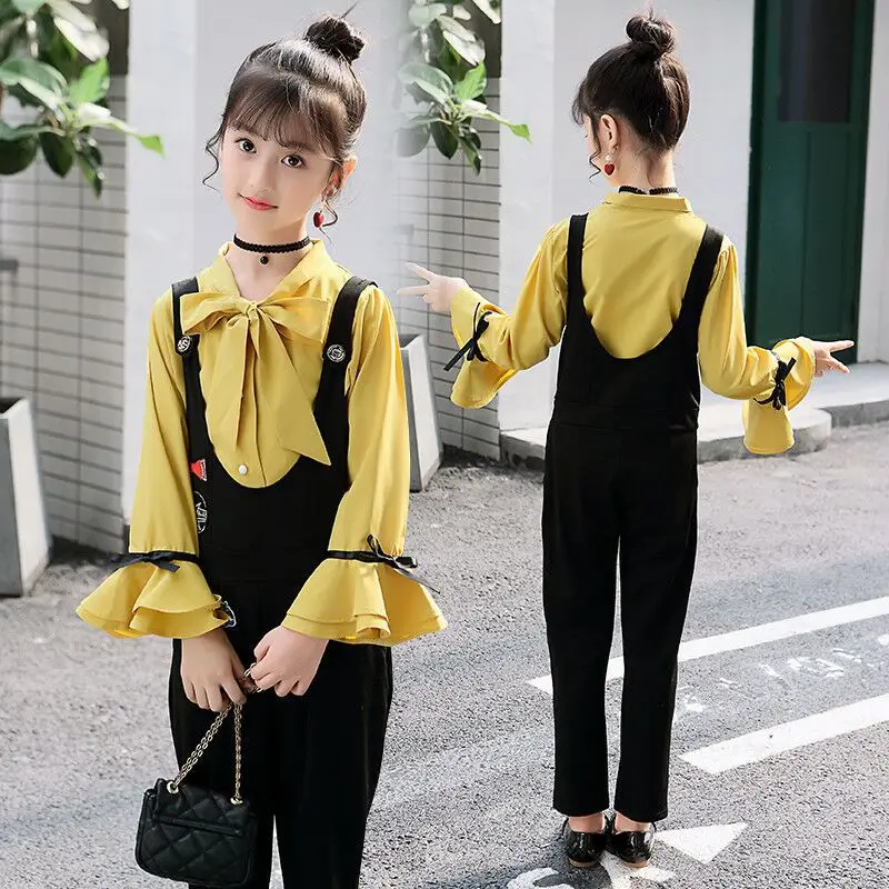 Girls Autumn Clothing Set Elegant Kids Clothes White Suit For Girl 6 8 12 13 14 Years Children's Costumes Casual Shirt+Jumpsuit - Color: Yellow