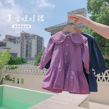 

2020 Summer New Baby Girls Long Sleeve Solid Color Fashion Doll Collar Pirncess Dress Toddler Children Cotton Ruched Dresses