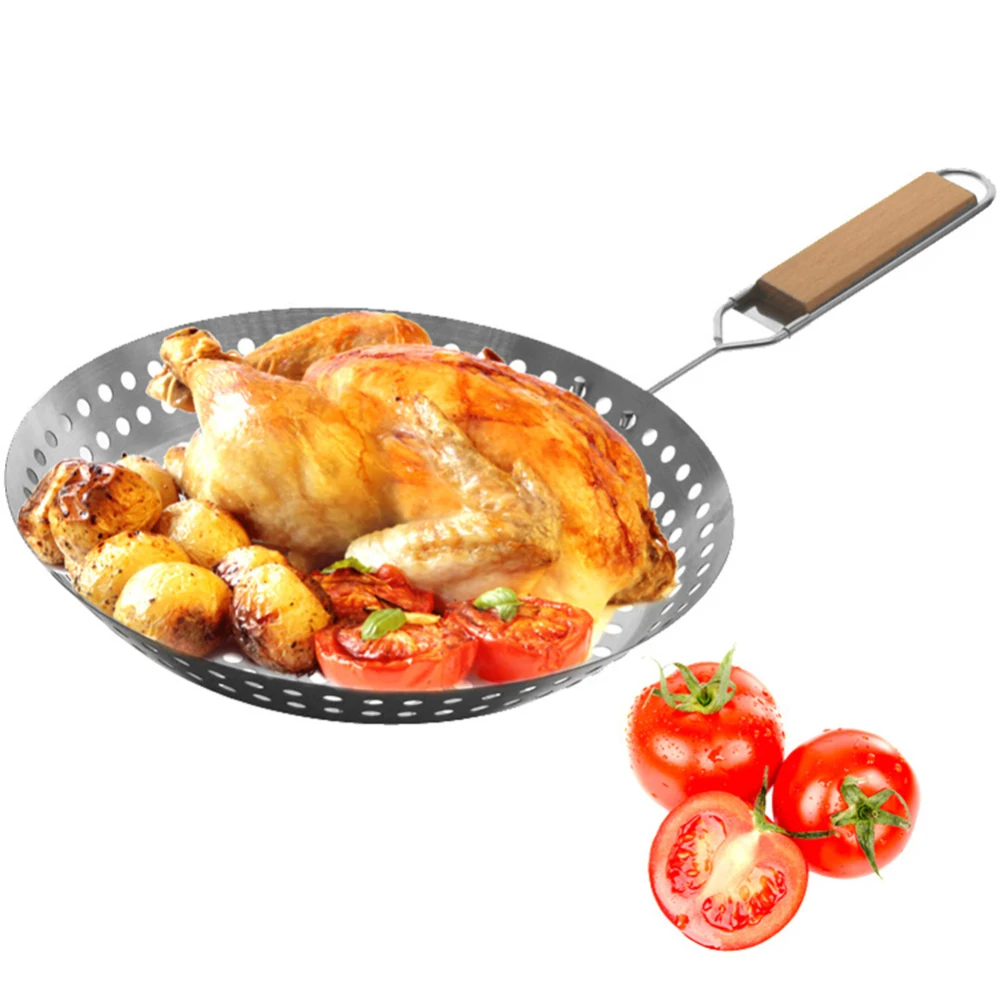 

BBQ Grilling Skillet Round Pizza Baking Pan Barbecue Non Stick Baking Pizza Pan Tray Fold Handle Veggies Seafood Barbecue Plates