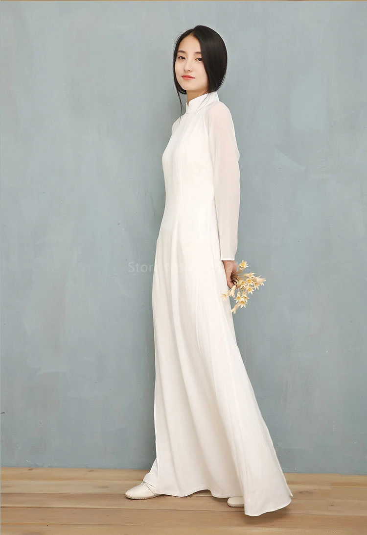 Vietnam Ao Dai White Solid Chiffon Perspective Dress for Woman Chinese Cheongsams Full Sleeve Female Oriental Dress