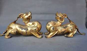 

wedding decoration 12"China Feng Shui bronze Gilt Ancient brave troops Pixiu unicorn statue a Pair