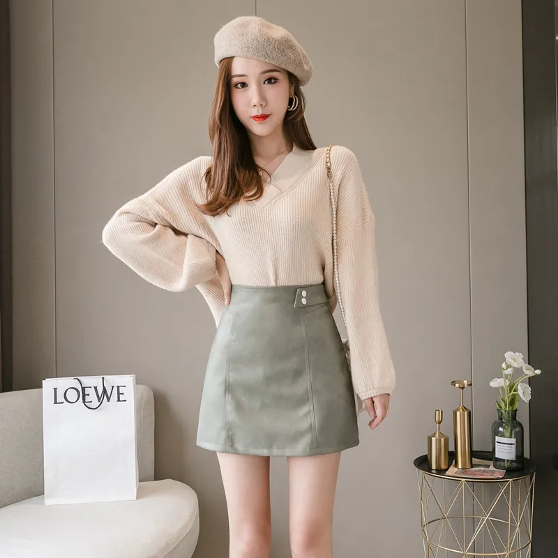 Winter High Waist Leather PU Mini Skirts Black Beige Bottom Women PU Mini Bandage Skirts Autumn Basic Student Women Skirts