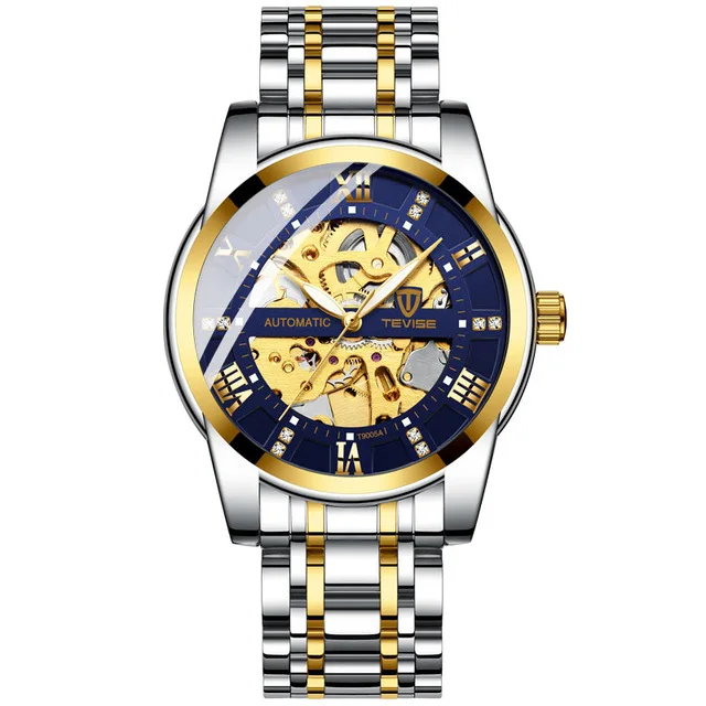 Автоматические часы со скелетом, TEVISE, T9005A, алмазная шкала, светящиеся стрелки, мужские механические часы, Классические наручные часы - Цвет: gold blue