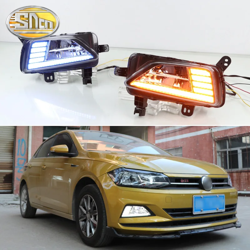 

SNCN 2PCS LED Daytime Running Light For For Volkswagen Polo 2018 2019 Dynamic Yellow Turn Signal 12V DRL Fog Lamp Decoration
