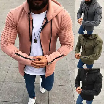 

Plus Size Men Autumn Pleated Long Sleeve Drawstring Hooded Coat Zipper Jacket Pleated Drawstring Hooded Coat Zipper Jacket