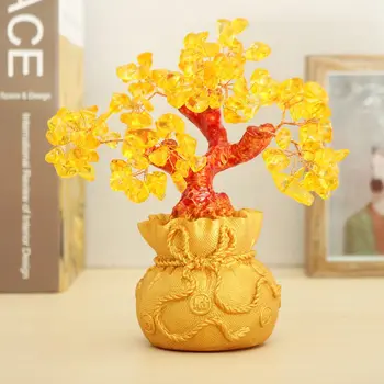 

Feng Shui Wealth Lucky Citrine Crystal Gem Money Coins Tree in Money Bag Decor