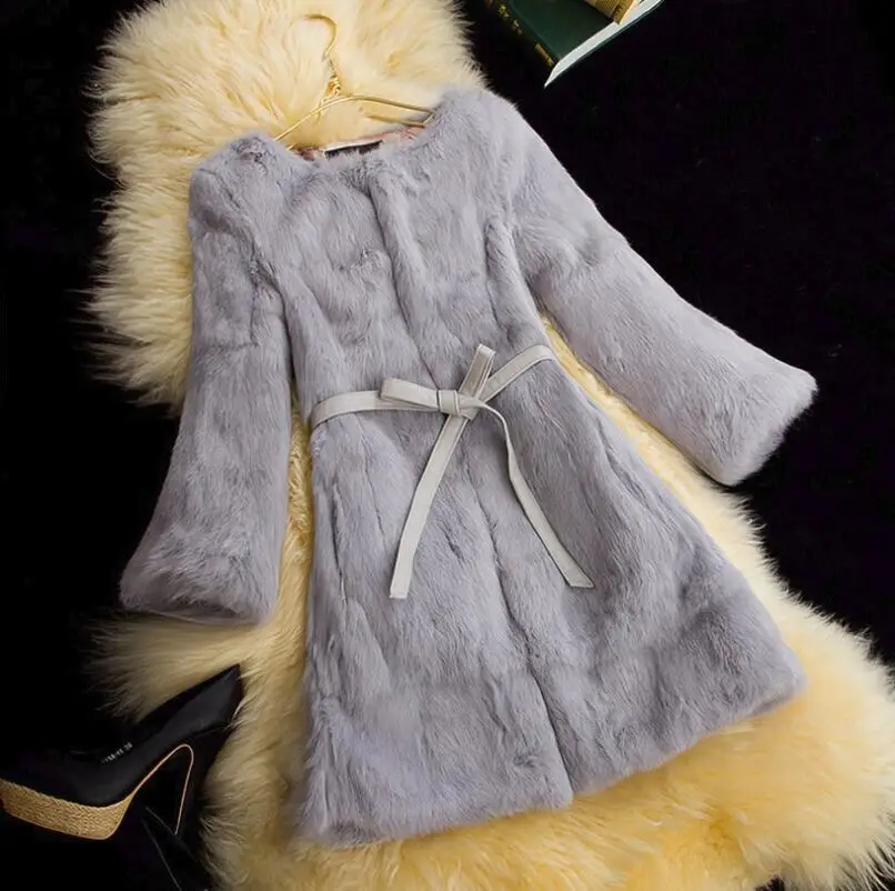 

Women's warm fur coat 2019 autumn winter solid color 100% rabbit fur grass coat long section 0 collar female fur one slim jacket