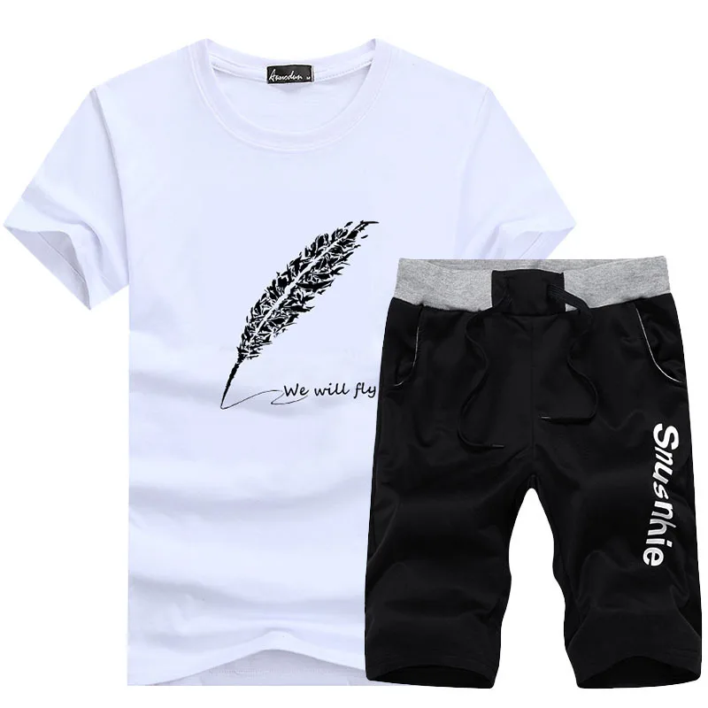 

2019 Summer Leisure Suit Printed Korean-style Slim Fit Short-sleeved round Collar T-shirt Base Shirt Men Sportswear