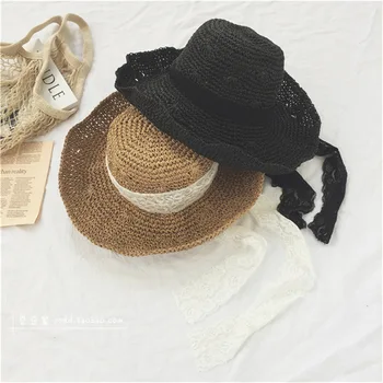 

Parent and Child CHILDREN'S Straw Hat South Korea New Style Lace Lace-up Big Brim Straw Hat Women's Summer Sun-resistant Topee H