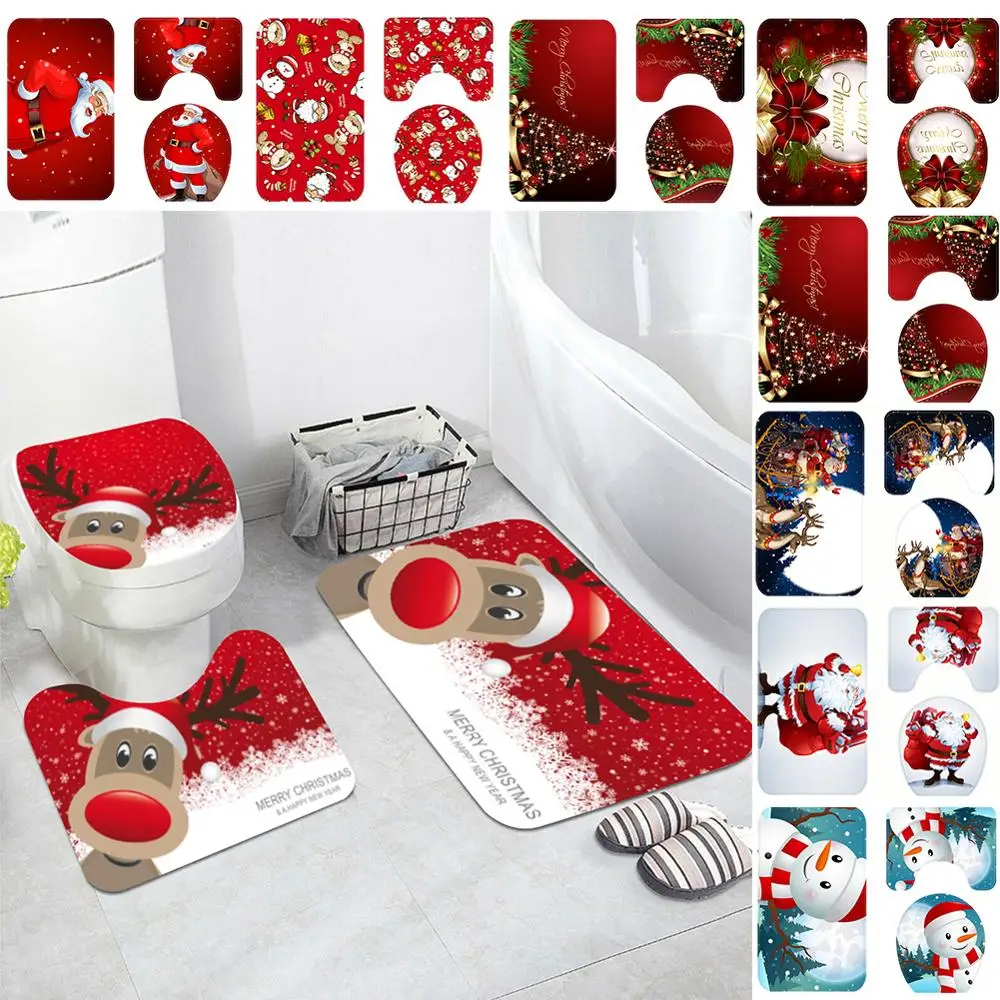 

Merry Christmas Toilet Lid Cover Rug Santa Claus Soft Bathroom Mat Xmas Home Decor