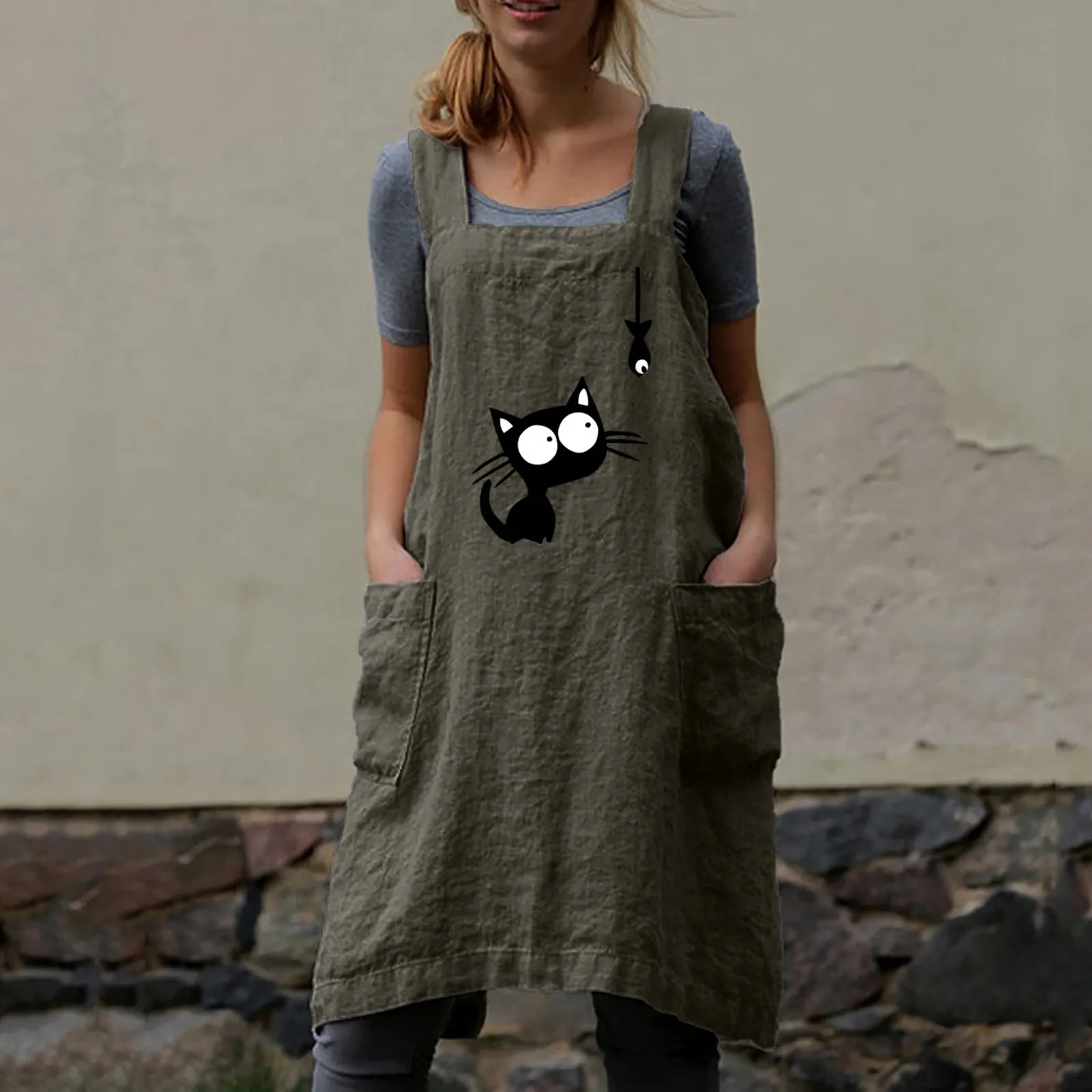 Autumn Dresses Women Casual Loose Cat Watching Fish Print Pocket Irregular Stitching Apron Type Cotton And Linen Dress femme 2